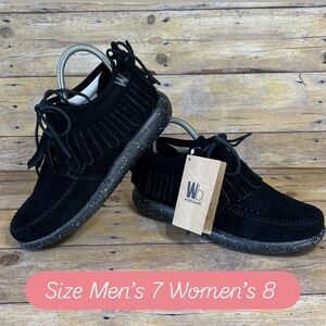 WB Moccasin Size Mens 7 Womens 8 True Black Hemera Fringe 100% Leather Suede